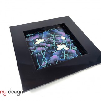 Dark blue square lacquer tray with hand painted lotus/ M 29cm